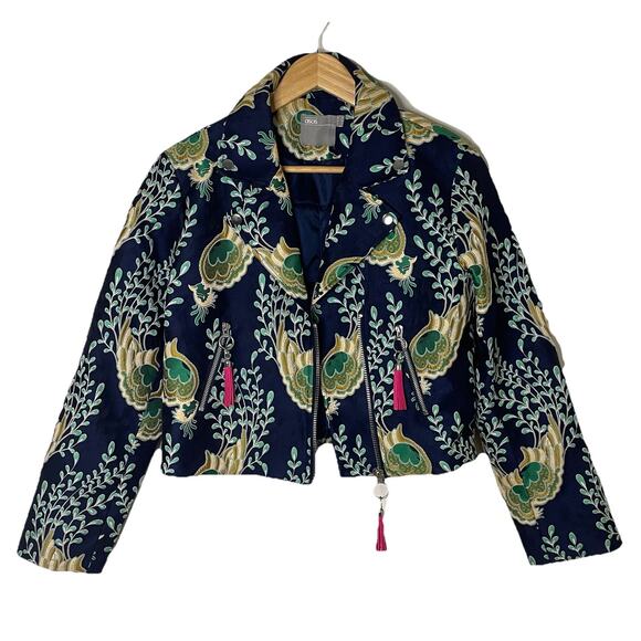 ASOS Blue Green Peacock Jacquard Biker Jacket Artsy Boho Art To Wear US Sz 4 - Picture 12 of 16